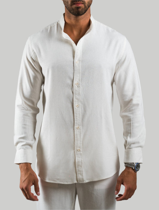 White Linen Band Collar Shirt