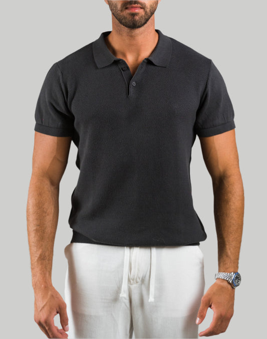 Grey Buttoned Knit Polo T-Shirt