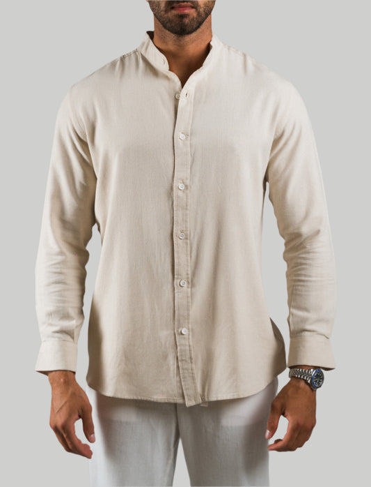 Beige Linen Band Collar Shirt