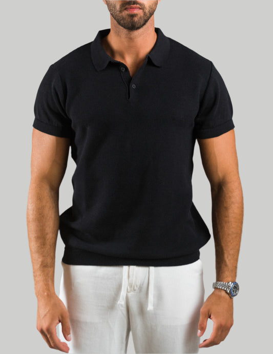 Black Buttoned Knit Polo T-Shirt